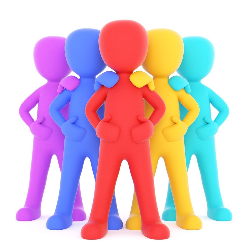 A pictogram f a group of manikins in different colours