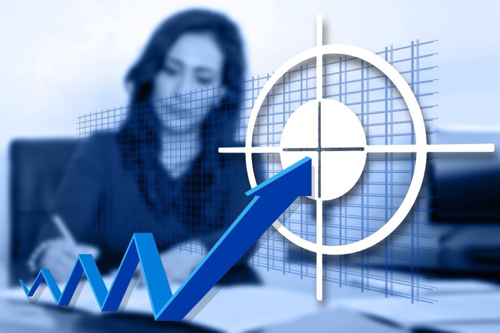 A picture with a woman in th ebackground an arrow and symbolic aim