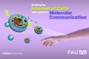 Flyer Ferienakademie "Building the Internet of Cells with synthetic Molecular Communication" schamtic picture of cells an a hand