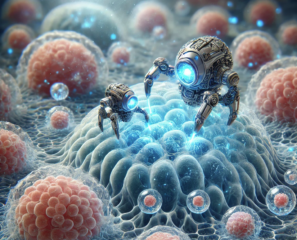 Created with Dall-E picture of nanorobots in biological surrounding
