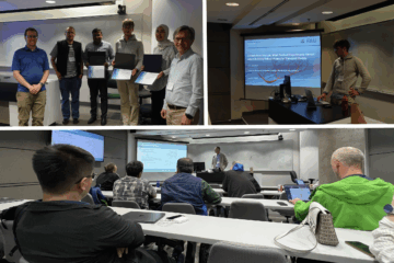 Pictures from the workshop, left upper corner - six male people, right upper corner - Timo Jakumeit during his presentation, down - participants during the presentation