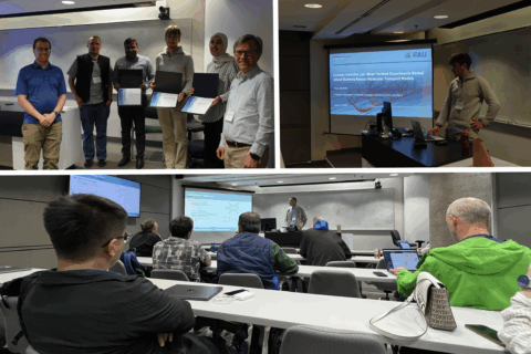 Pictures from the workshop, left upper corner - six male people, right upper corner - Timo Jakumeit during his presentation, down - participants during the presentation